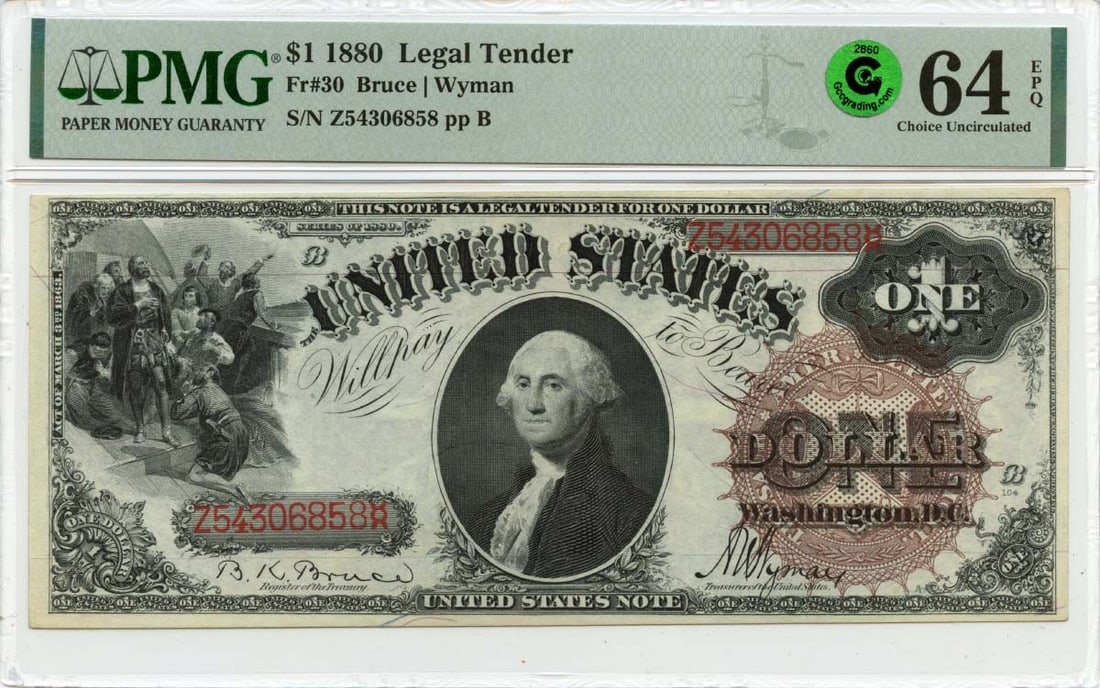 One dollar legal tender note from nineteen eighty green: One dollar legal tender note from nineteen eighty green The 1880 $1 green legal tender note features a unique design with a distinctive green color and a high grade of MS64. This uncirculated note has