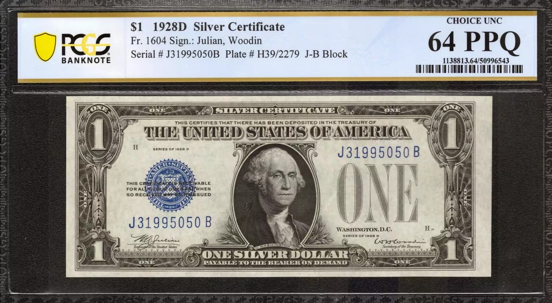 J B Block Fr 1604 1928 Rare PcgS Cu 64: J B Block Fr 1604 1928 Rare PcgS Cu 64 The J B Block Fr 1604 1928 Rare PcgS Cu 64 is a highly graded circulated $1 Small Silver Certificate from 1928. Certified by PCGS with a grade of 64 PPQ, this no