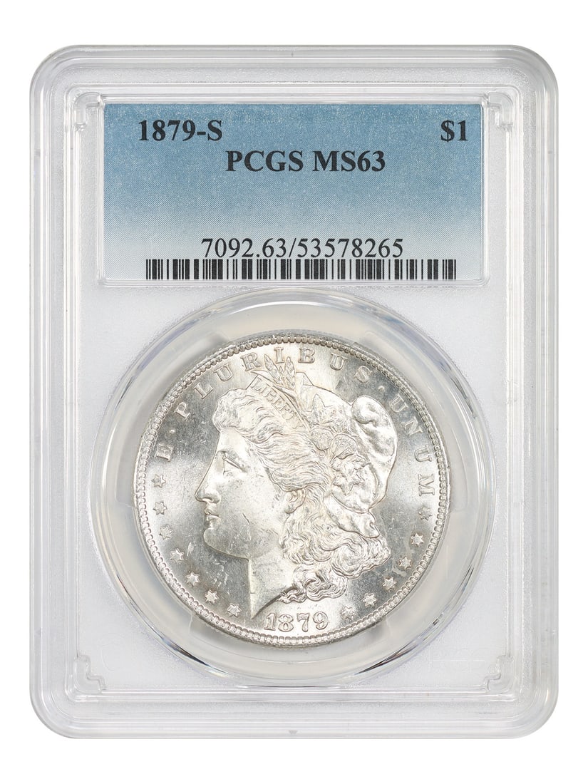 MS63 Morgan Dollar 1879-S: MS63 Morgan Dollar 1879-S The MS63 Morgan Dollar 1879-S boasts an impressive grade of 63, showcasing its exceptional condition as a circulated/uncirculated coin. Certified by PCGS, this San Francisco