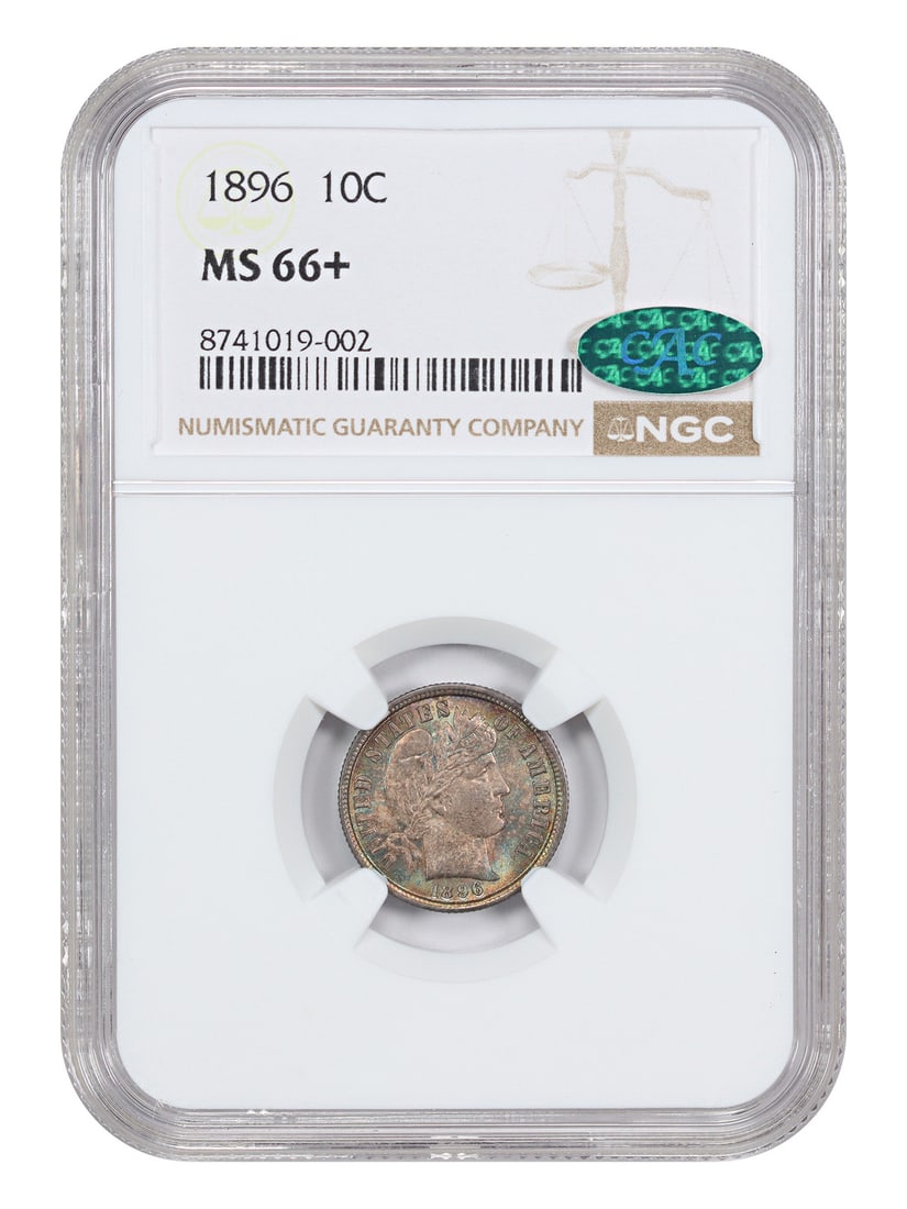 Barber Dime NGC CAC MS66+: Barber Dime NGC CAC MS66+ NGC CAC MS66+ Barber Dime 1896. This uncirculated half-dime features a high grade of MS66+, showcasing exceptional detail and luster. Certified by the Numismatic Guaranty Cor