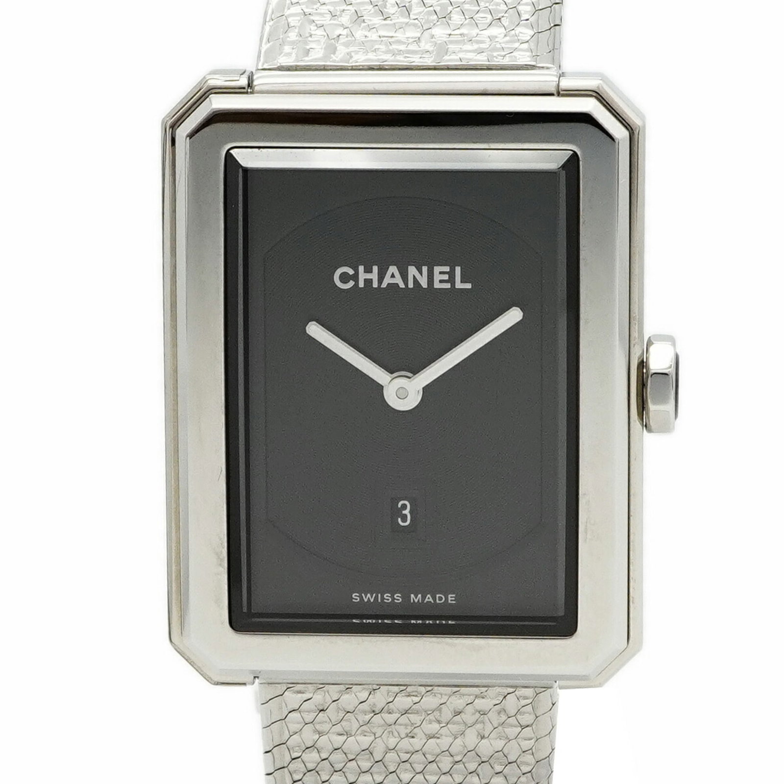 Rule Strict Watch Wrist Chanel: Rule Strict Watch Wrist Chanel Stainless steel band and black dial make this Chanel Rule Strict Watch a sleek accessory for any outfit. Measuring 27mm in diameter, it sits comfortably on wrists up to