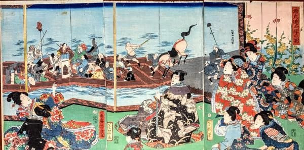Ikkeisai Yoshiiku Japanese Woodblock Genji Art E Ukiyo Print Triptych 1860: Ikkeisai Yoshiiku Japanese Woodblock Genji Art E Ukiyo Print Triptych 1860 Ikkeisai Yoshiiku's Japanese Woodblock Genji Art E Ukiyo Print Triptych from 1860 showcases a stunning representation of