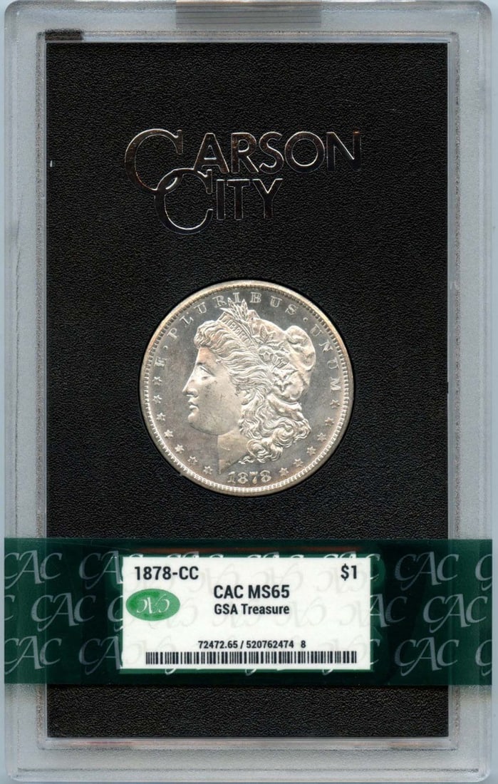 Morgan Dollar 1878 CC GSA Hoard MS65: Morgan Dollar 1878 CC GSA Hoard MS65 The Morgan Dollar 1878 CC GSA Hoard MS65 is a highly graded uncirculated coin with a strong certification from CACG. This rare coin features the Carson City mint m