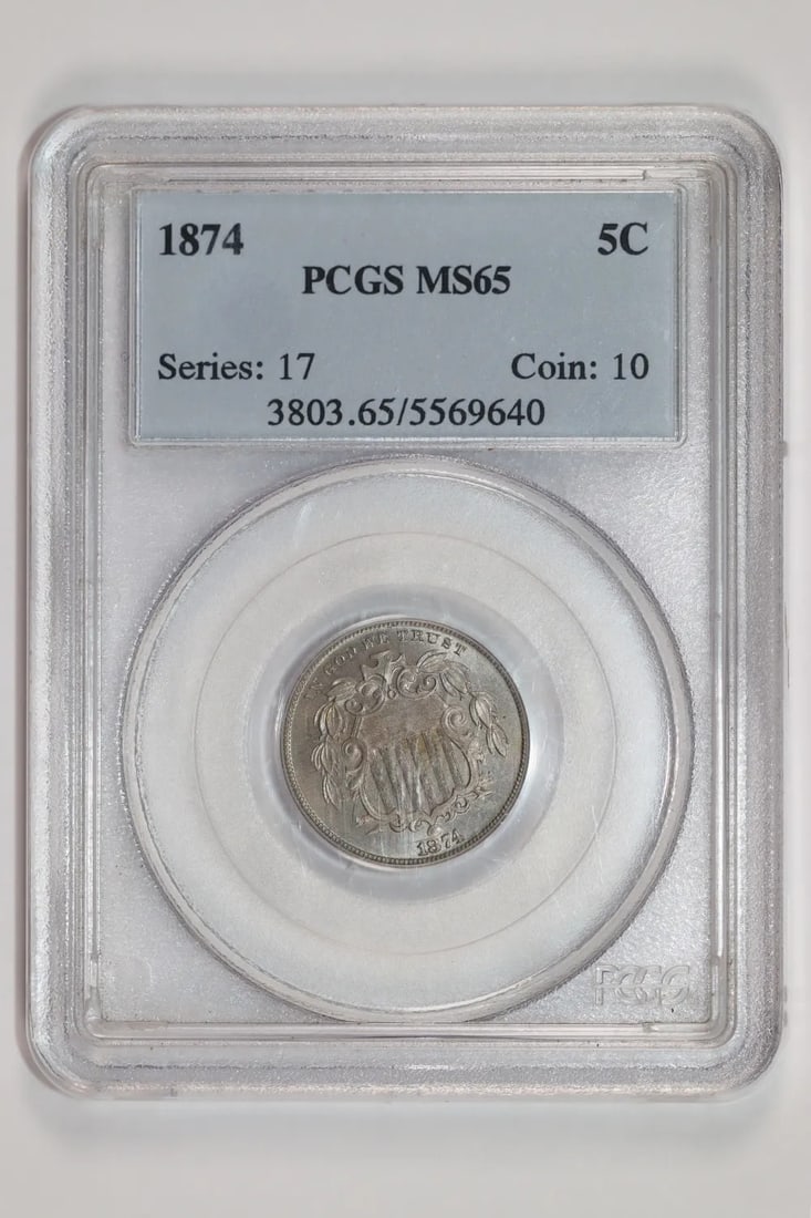 MS65 Shield Nickel 1874: MS65 Shield Nickel 1874 The MS65 Shield Nickel 1874 is a highly graded uncirculated coin featuring a striking shield design on its obverse. Certified by PCGS as MS 65, this coin showcases exceptional
