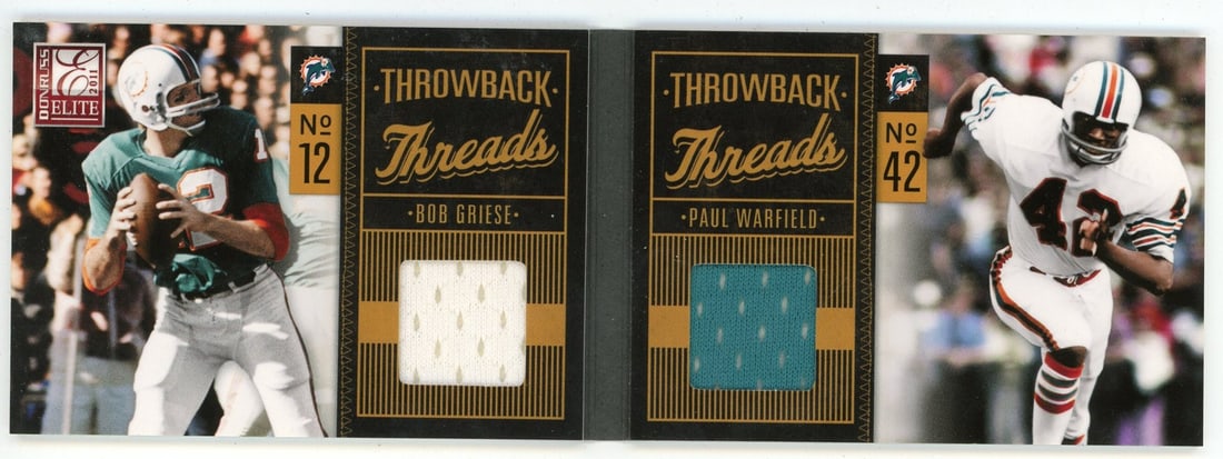 Panini Throwback Threads 2011 Griese Warfield: Panini Throwback Threads 2011 Griese Warfield Topps Bob Griese/ Paul Warfield 2011 Panini Throwback Threads #10 is a collectible card featuring a signed image of Bob Griese and Paul Warfield. Packed