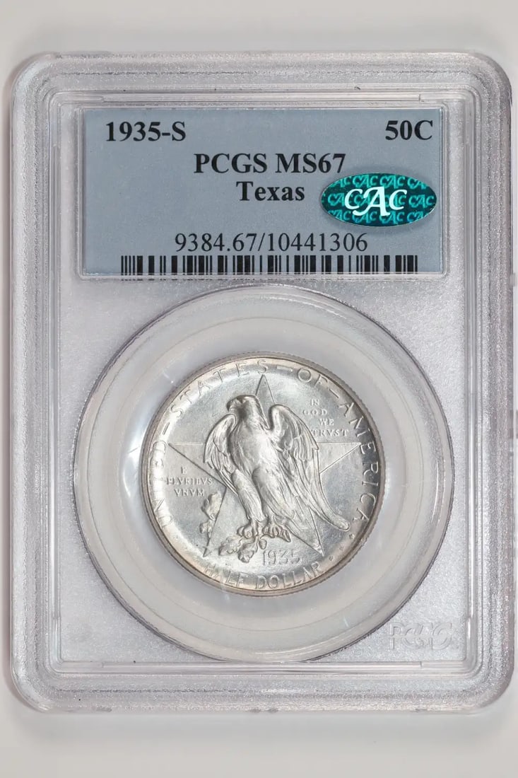 PQ VERY MS67 HALF DOLLAR COMMEMORATIVE TEXAS 1935-S: PQ VERY MS67 HALF DOLLAR COMMEMORATIVE TEXAS 1935-S The PQ VERY MS67 HALF DOLLAR COMMEMORATIVE TEXAS 1935-S is a highly graded uncirculated coin, certified by both PCGS and CAC. Its MS 67 grade