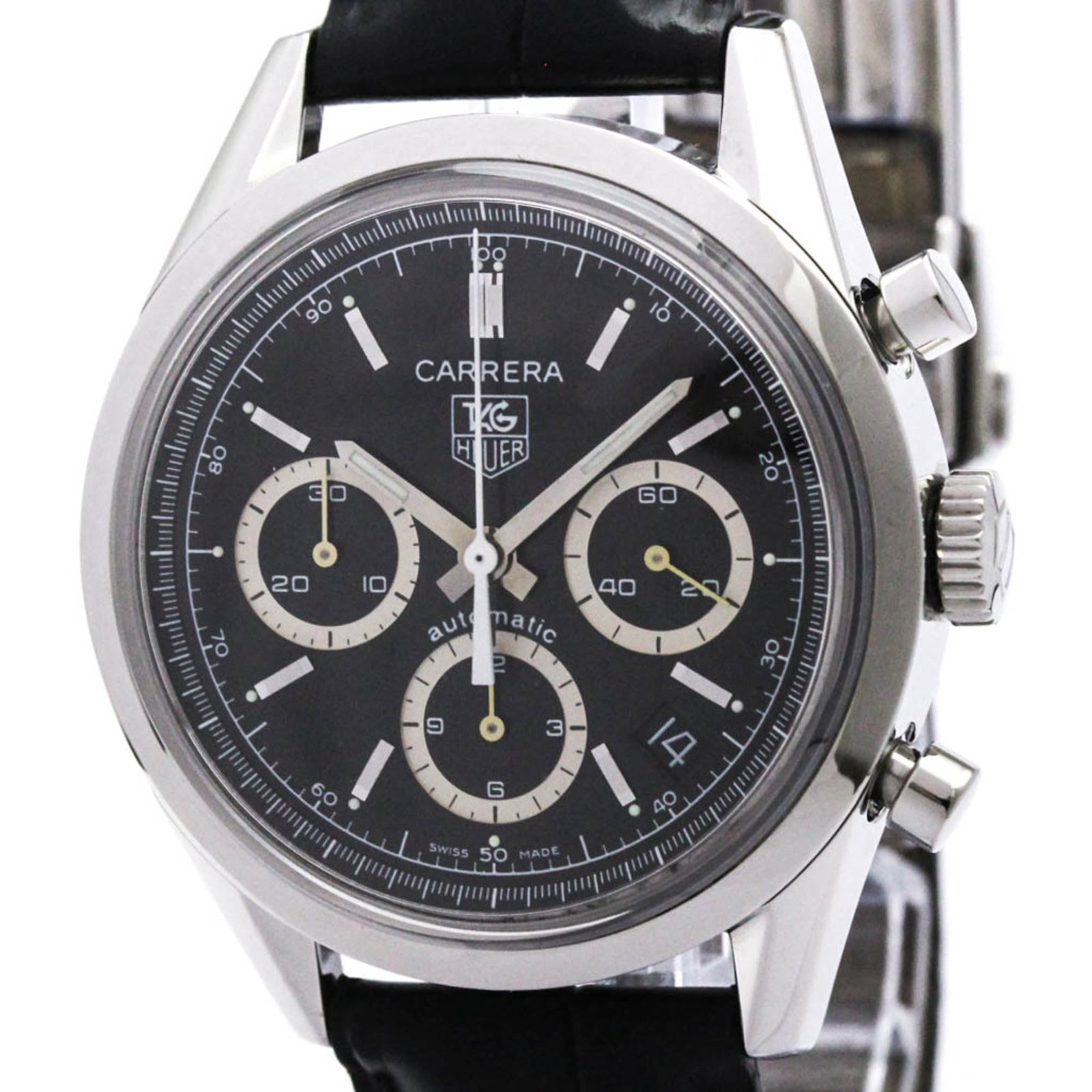 Heuer Watch Tag: Heuer Watch Tag Stainless steel case and black leather band make this Tag Heuer watch a stylish and sporty accessory. The 39mm diameter watch has some minor scratches and dirt, but remains in very