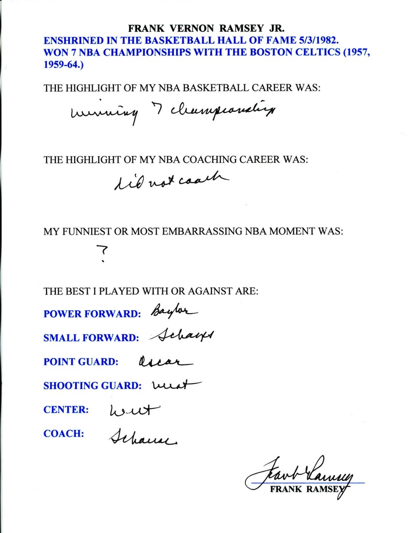 Hand Filled Out by Frank Ramsey Autographed Page: Hand Filled Out by Frank Ramsey Autographed Page Exceptional Hand Filled Out Frank Ramsey available for auction. Review complete item specifications below for detailed information. Item Specifics: