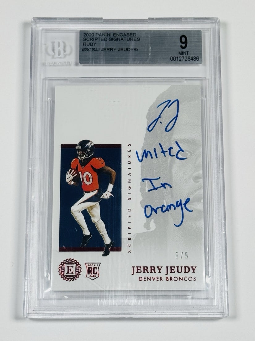 PANINI 2020 JEUDY RUBY 5/ 5 ROOKIE AUTO ENCASED BGS 9: PANINI 2020 JEUDY RUBY 5/ 5 ROOKIE AUTO ENCASED BGS 9 The 2020 Panini Encased Jerry Jeudy Rookie Auto card is a highly sought-after collectible featuring a 5/5 rookie auto, graded BGS 9. This standard