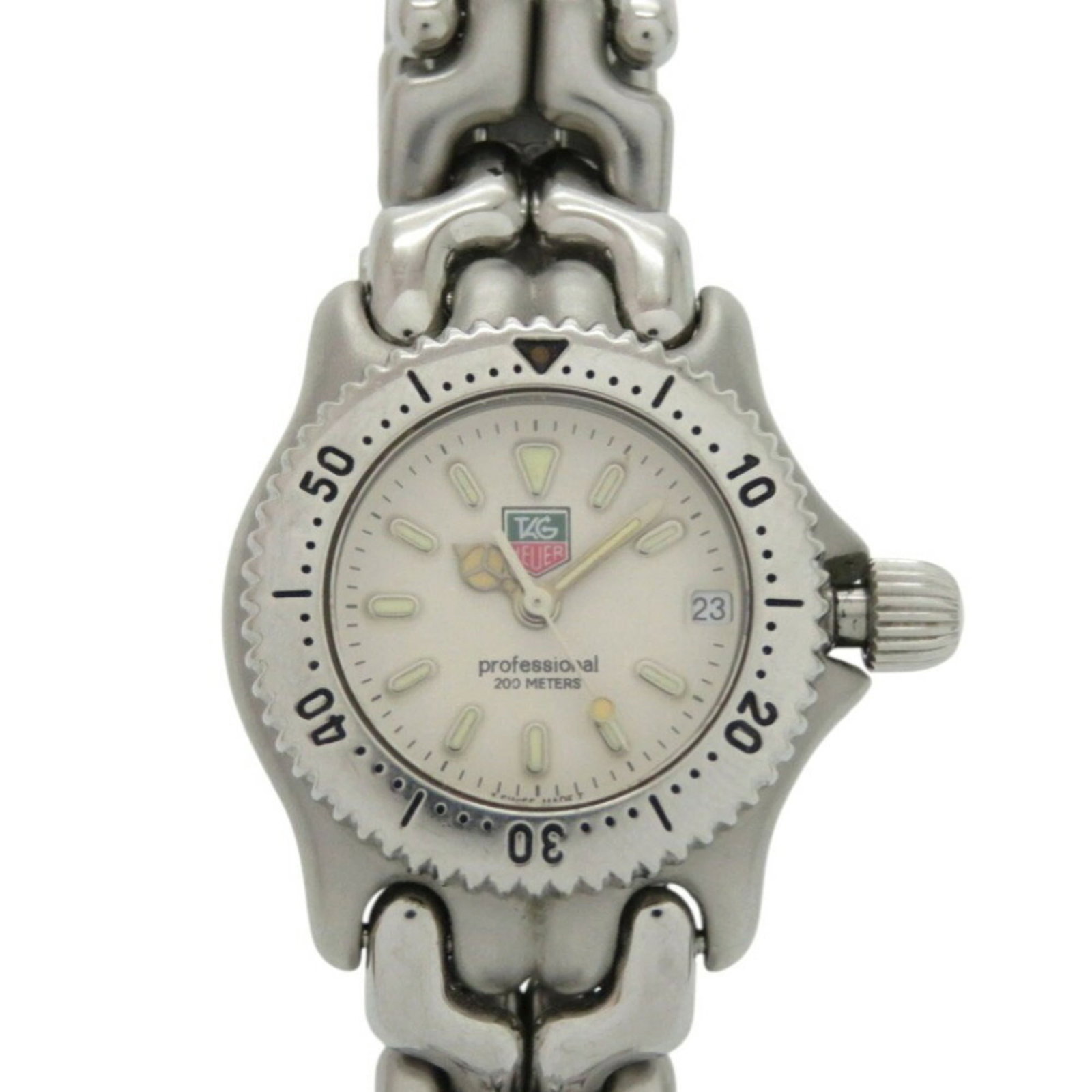 Heuer Watch Tag: Heuer Watch Tag Stainless steel case and band make this silver Heuer Watch Tag a sleek and modern accessory. With its 23mm diameter and adjustable strap, it's designed to fit a variety of wrist sizes.