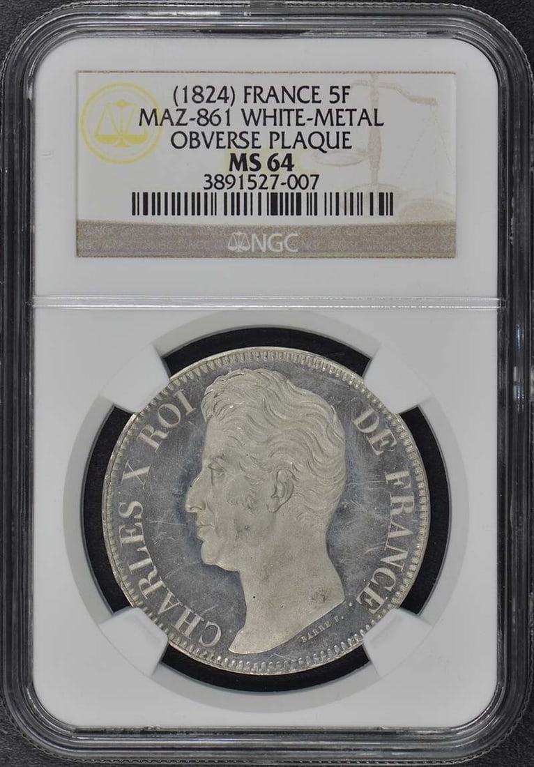 Metal plaque on White for France in 1824: Metal plaque on White for France in 1824 Uncirculated and certified MS64, this metal plaque on white features the year 1824 and is graded by NGC. A notable detail of this item is its circulated status