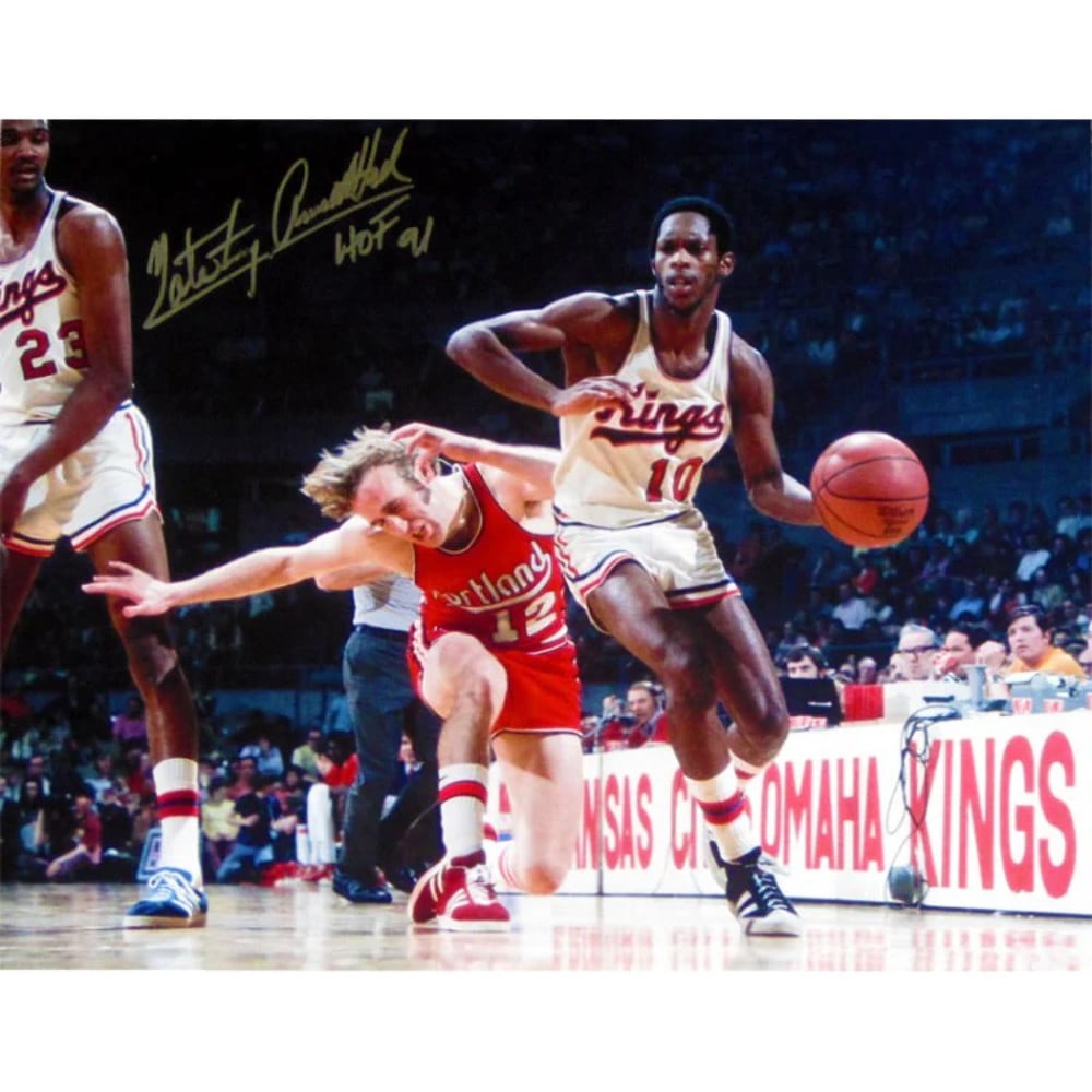 HOF autographed photo nate vs trail blazers: HOF autographed photo nate vs trail blazers Nate Archibald's iconic photo captures his intense elbowing of a Portland Trail Blazers defender while playing for the Kansas City Kings. The 16x20 photo