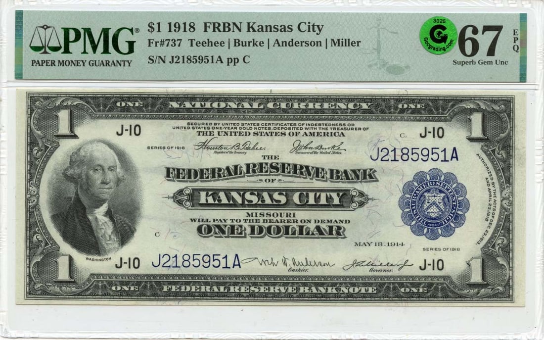 $1 FRBN 67 Gem Frb Kansas City Epq Superb Finest Gem: $1 FRBN 67 Gem Frb Kansas City Epq Superb Finest Gem MS67 Gem Frb Kansas City Epq Superb Finest Gem - A 1918 Federal Reserve Bank Note in Uncirculated Condition. This exceptional example boasts a PMG 