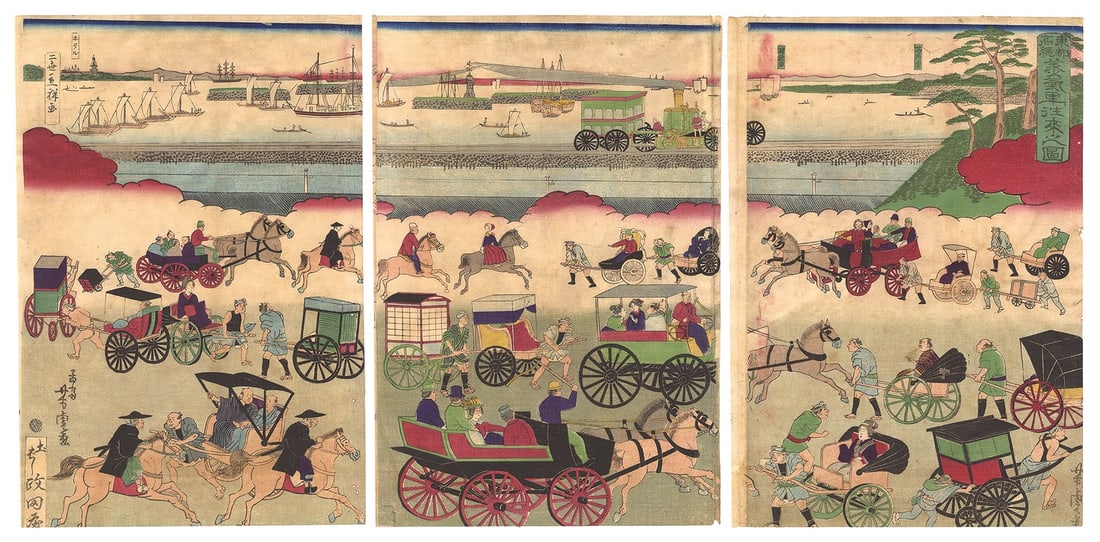 Meiji Steam Train Utagawa Yoshitora 1871 Takanawa Print Woodblock Triptych: Meiji Steam Train Utagawa Yoshitora 1871 Takanawa Print Woodblock Triptych The Meiji Steam Train Utagawa Yoshitora 1871 Takanawa Print Woodblock Triptych features a stunning depiction of a railway ste