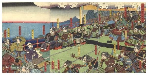 Woodblock print triptych of secret song by clan heike kunichika 1858: Woodblock print triptych of secret song by clan heike kunichika 1858 Triptych of Woodblock Print, Heike Clan Samurai Mythology, 1858. This rare woodblock print triptych, created by Toyohara Kunichika