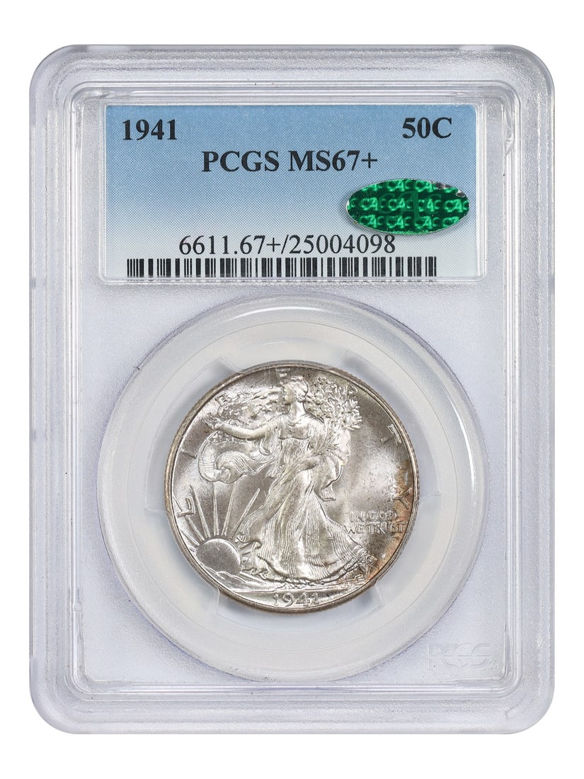 PCGS CAC MS67+ 1941 Walking Liberty Half Dollar: PCGS CAC MS67+ 1941 Walking Liberty Half Dollar The PCGS CAC MS67+ 1941 Walking Liberty Half Dollar boasts an impressive grade of 67, indicating exceptional strike quality and minimal wear. This uncir