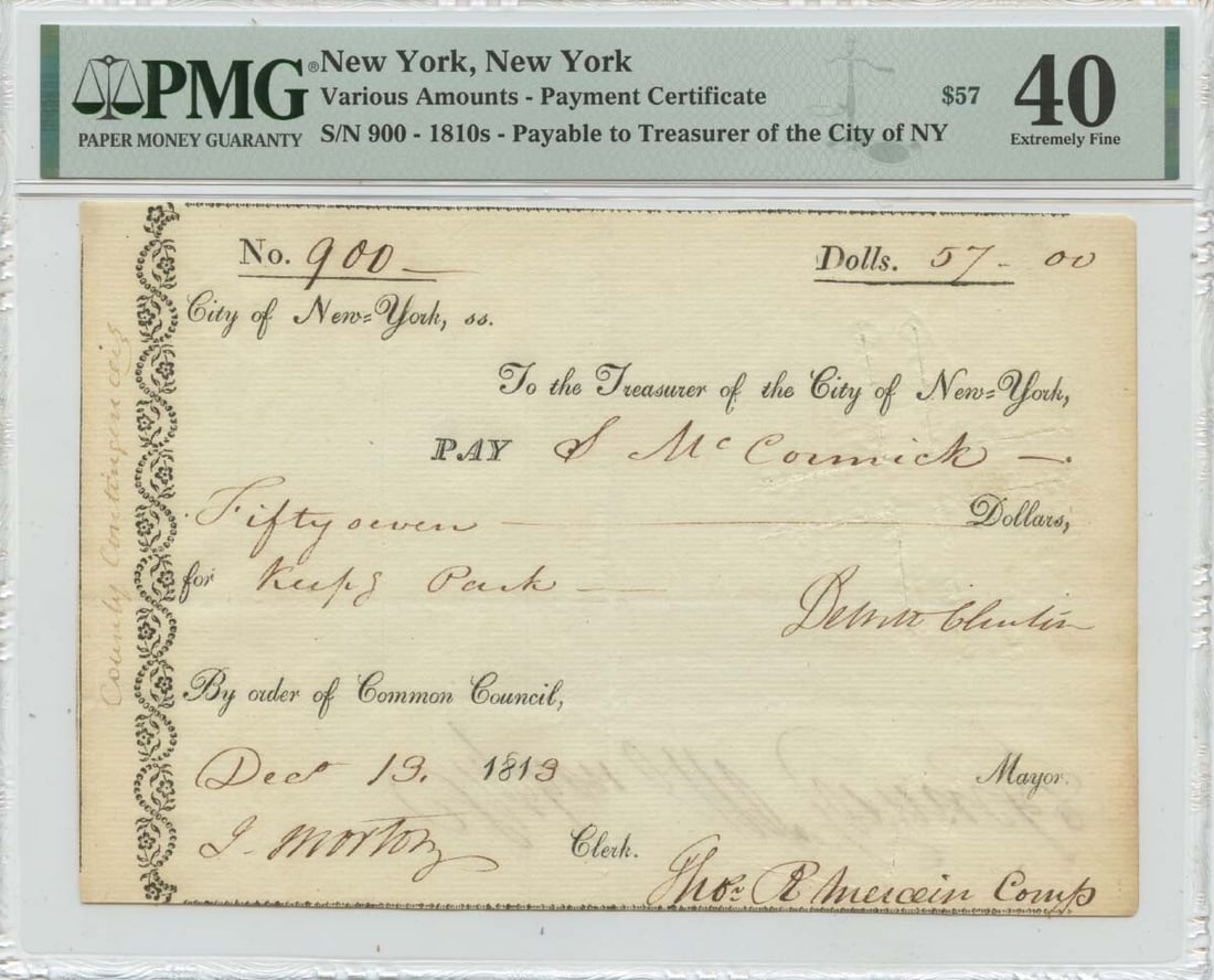 Treasurer of New York Payment Certificate: Treasurer of New York Payment Certificate XF40 graded Treasurer of New York Payment Certificate from PMG, featuring a circulated condition and Obsolete Denomination. This certificate showcases a notab