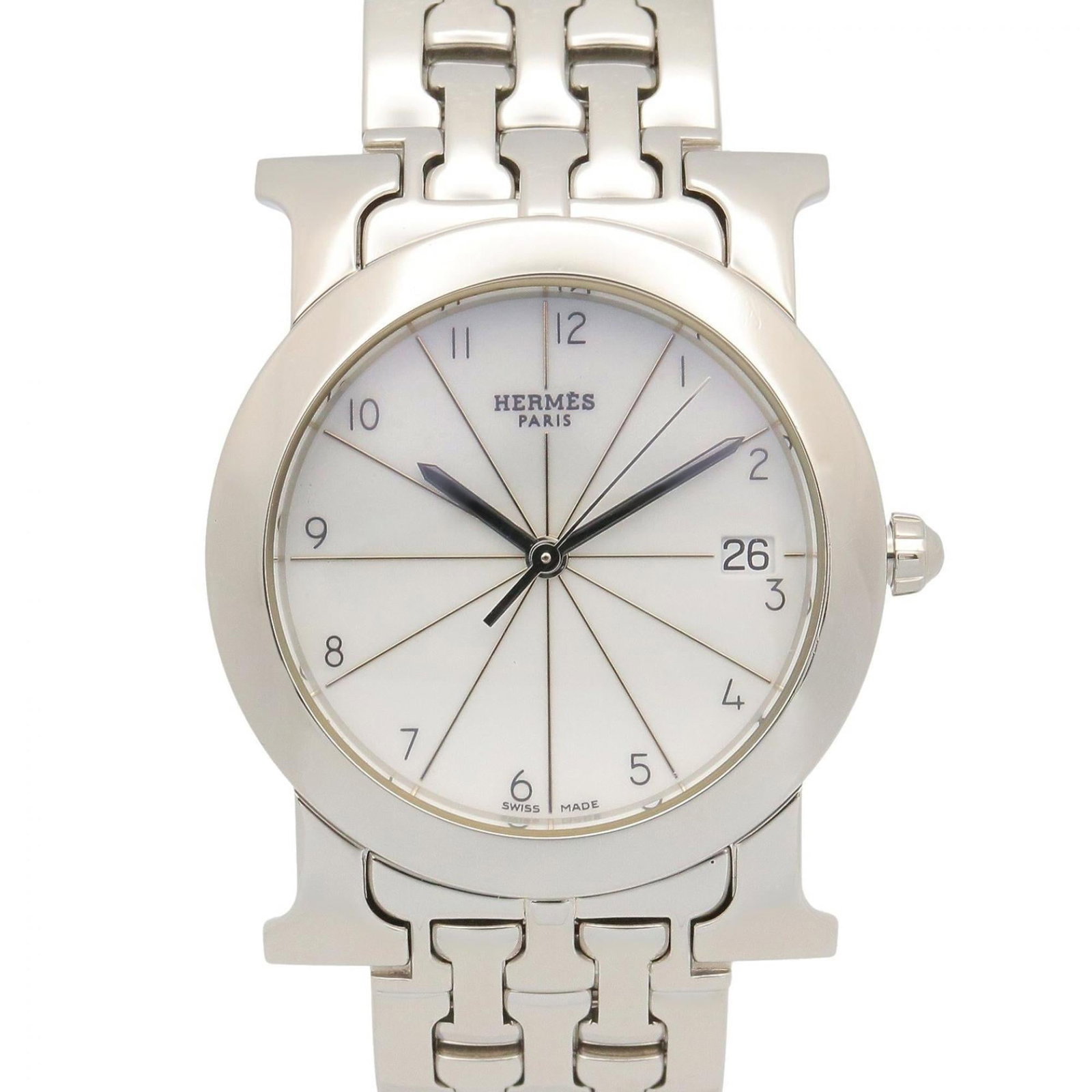 Watch Wrist Hermes: Watch Wrist Hermes Stainless steel case and band add a sleek touch to this classic white dial watch. With its 31mm diameter and adjustable stainless steel band, this wristwatch fits comfortably for