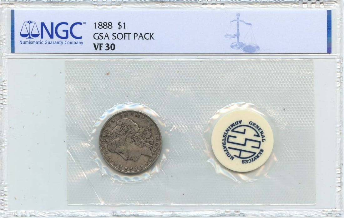 GSA SOFT PACK S$1: GSA SOFT PACK S$1 The GSA Soft Pack S$1 features a circulated 1888 Morgan Dollar with NGC certification and a grade of VF30. Notably, this coin was minted in Philadelphia and does not bear any