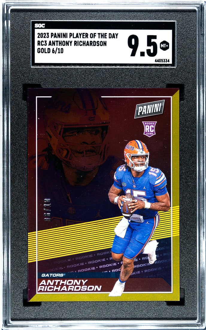Richardson 2023 Panini 10 RC3 SGC Gold Day Player of: Richardson 2023 Panini 10 RC3 SGC Gold Day Player of The Anthony Richardson 2023 Panini Player of the Day Gold /10 #RC3 SGC 9.5 is a highly graded autographed card featuring the NFL quarterback. Grade