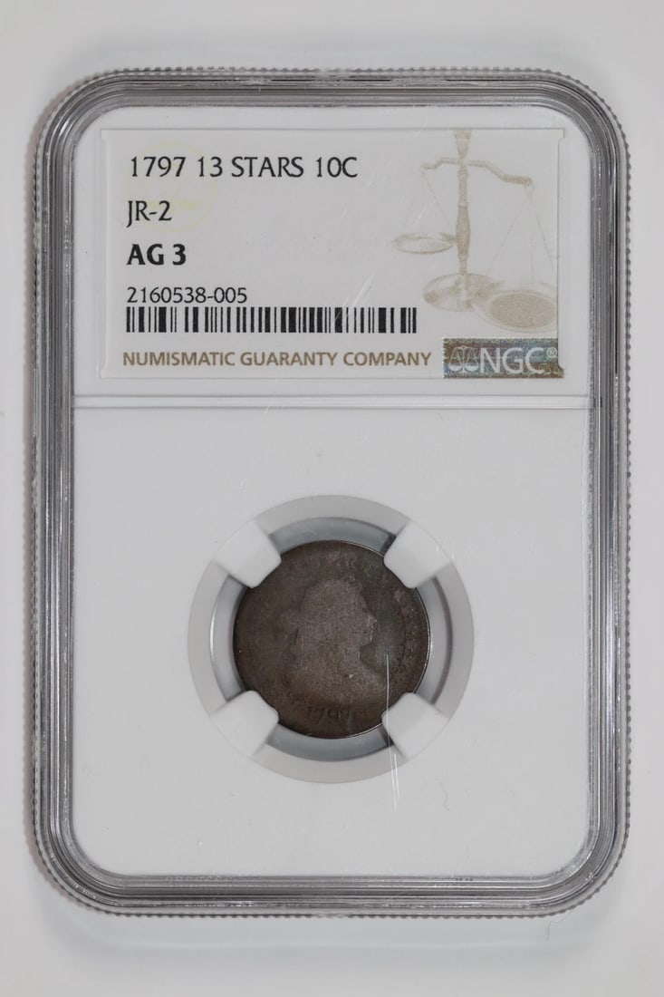 STARS DRAPED 13 DIME NGC AG3: STARS DRAPED 13 DIME NGC AG3 The STARS DRAPED 13 DIME NGC AG3 features a striking design with a prominent star pattern on its surface. Certified by the Numismatic Guaranty Corporation (NGC) and graded