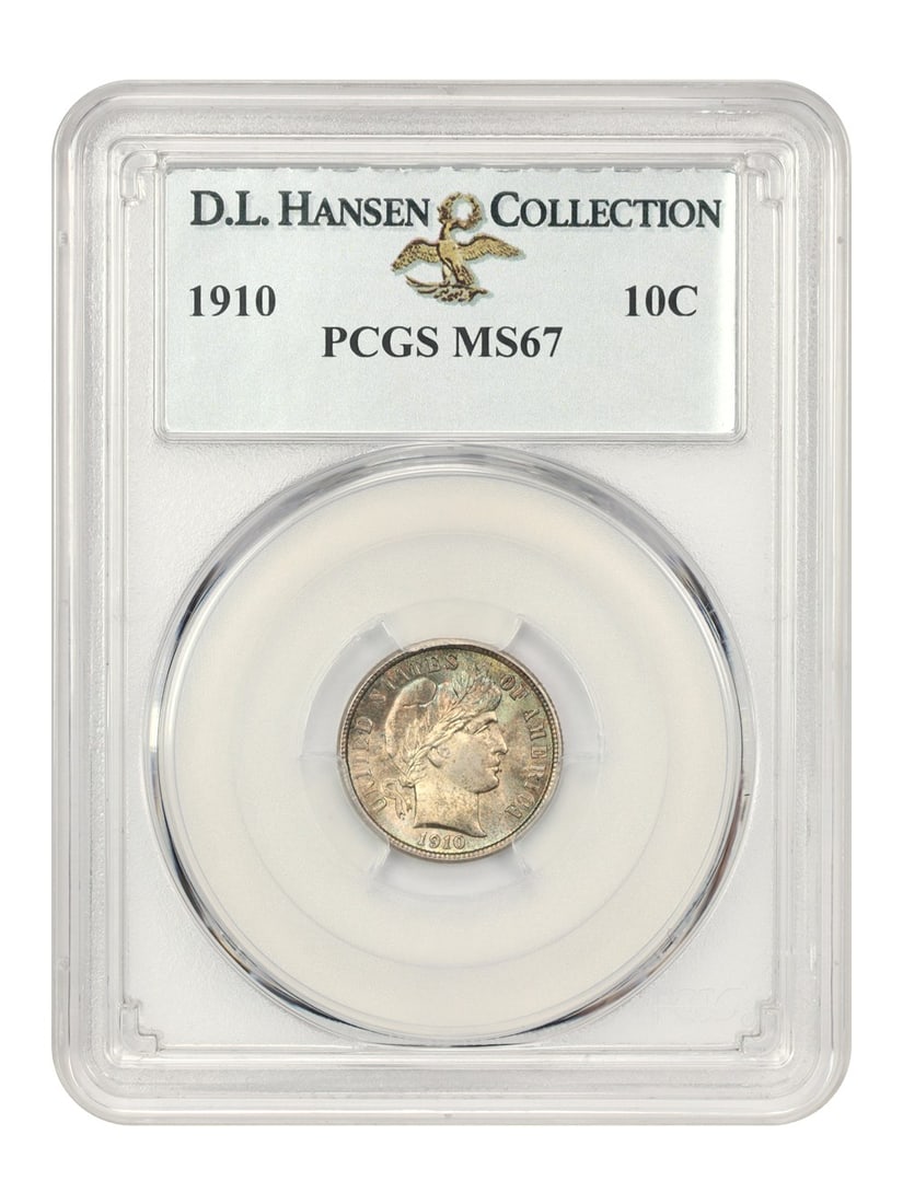 PCGS MS67 ex D.L. Hansen 1910 10c: PCGS MS67 ex D.L. Hansen 1910 10c PCGS MS67 ex D.L. Hansen 1910 10c is an uncirculated example of the Barber dime series, graded 67 by PCGS for its exceptional strike and mint state condition. This co