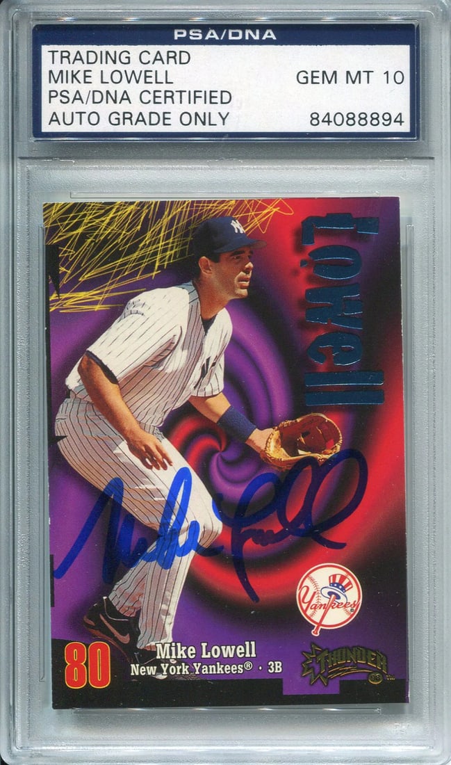Autographed PSA DNA Card: Autographed PSA DNA Card Mike Lowell's 1998 Skybox Thunder Rookie Card boasts an authentic, PSA/DNA-verified autograph in blue sharpie. Graded gem mint 10 by Professional Sports Authenticator (PSA), t