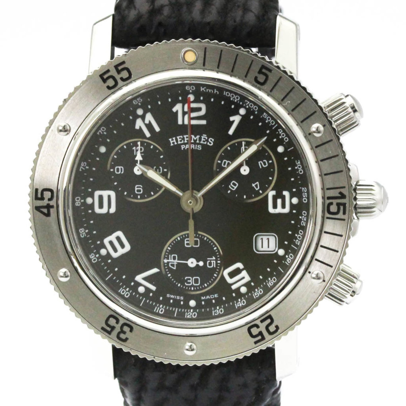 Watch Wrist Hermes: Watch Wrist Hermes Stainless steel case and black leather band create a sleek, sporty look for this Hermes wristwatch. The 40mm diameter case features some scratches and dirt, but overall remains in
