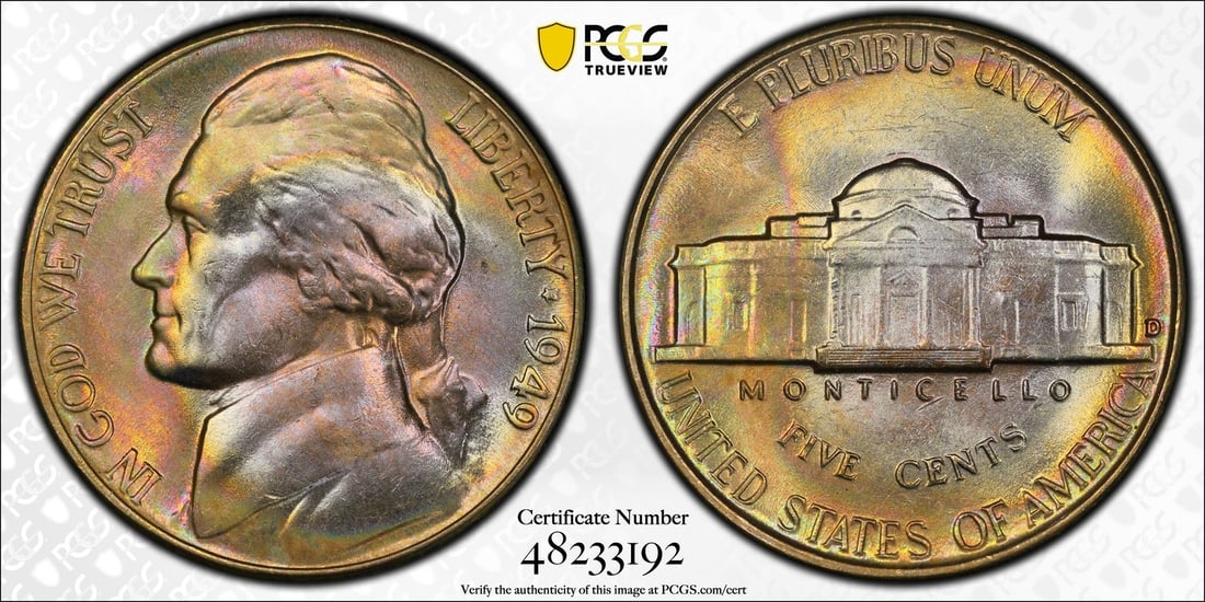 D Jefferson Nickel 1949 5c PCGS Certified MS 66+ Mint Unc Plus Trueview: D Jefferson Nickel 1949 5c PCGS Certified MS 66+ Mint Unc Plus Trueview The 1949 D Jefferson Nickel is a highly graded coin, certified MS 66+ by PCGS. This uncirculated mint state coin boasts