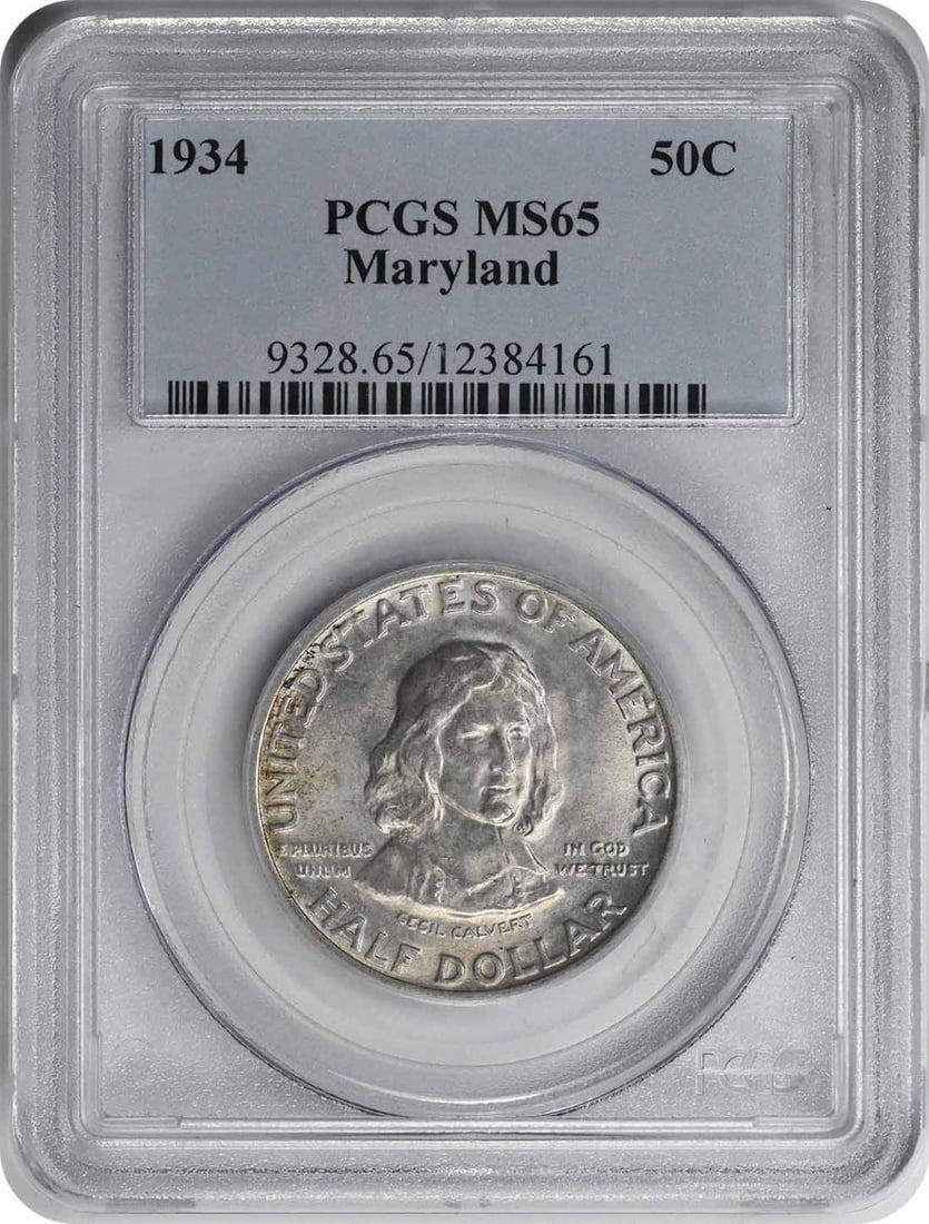 Maryland Commemorative Silver Half MS65 PCGS: Maryland Commemorative Silver Half MS65 PCGS The Maryland Commemorative Silver Half MS65 PCGS features a unique design by Hans Schuler and bears a reeded edge. With only 25,015 minted in 1934, this co