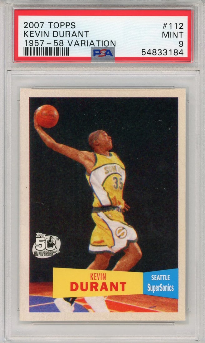 Kevin Durant MINT 1957-58 Variation Topps 2007 PSA RC: Kevin Durant MINT 1957-58 Variation Topps 2007 PSA RC Mint condition, this Kevin Durant MINT 1957-58 Variation Topps 2007 PSA RC card showcases a rare and unique piece of sports memorabilia. Featuring