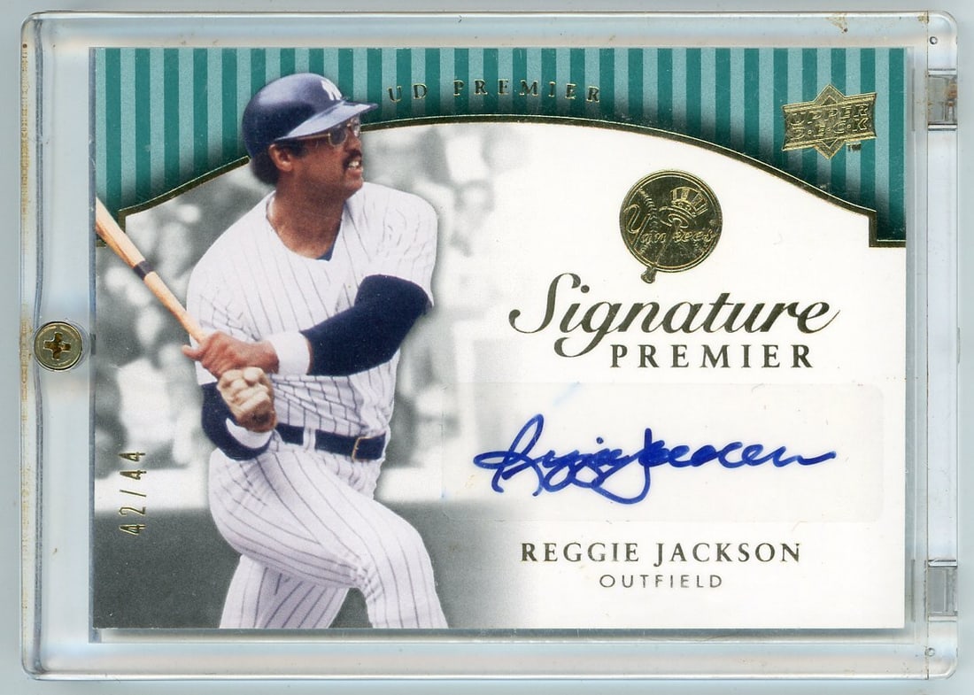 Reggie Jackson 2008 Autographed Upper Deck Signature Premiere: Reggie Jackson 2008 Autographed Upper Deck Signature Premiere Signed by Reggie Jackson in 2008, this Upper Deck Signature Premiere card features authentic autography on top of premium materials. Shipp