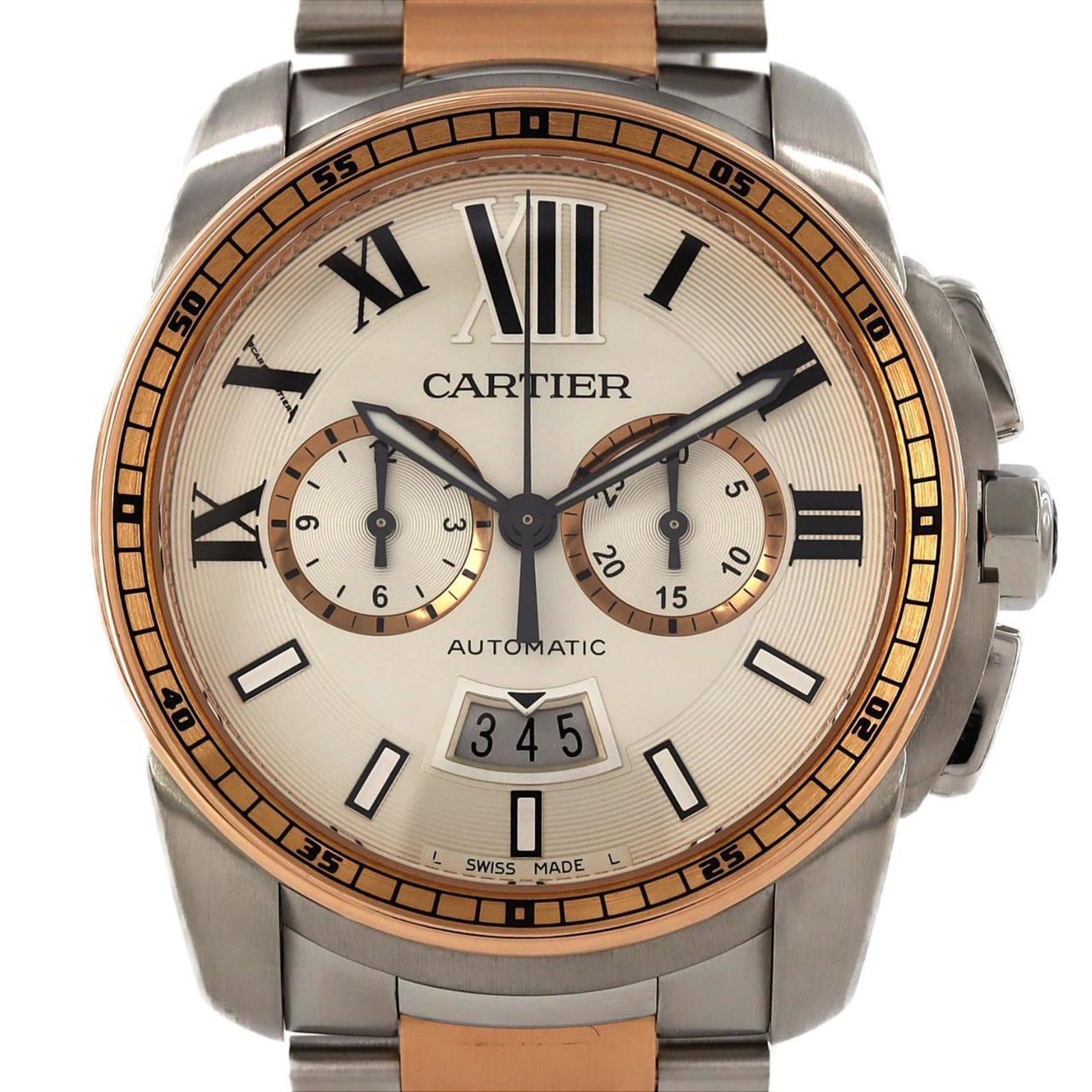 Watch Cartier: Watch Cartier Pink Gold (18K) and Stainless Steel blend in this elegant Cartier watch, featuring an analog display on a silver dial. The 42mm case diameter and adjustable pink gold band ensure a comfo