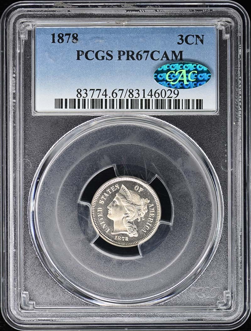 Nickel Cent Three 1878 3CN CAC PR67PCGS: Nickel Cent Three 1878 3CN CAC PR67PCGS PR67PCGS graded and CAC certified, this 1878 Three Cent Nickel Proof features a high level of detail and preservation. Its uncirculated condition showcases the