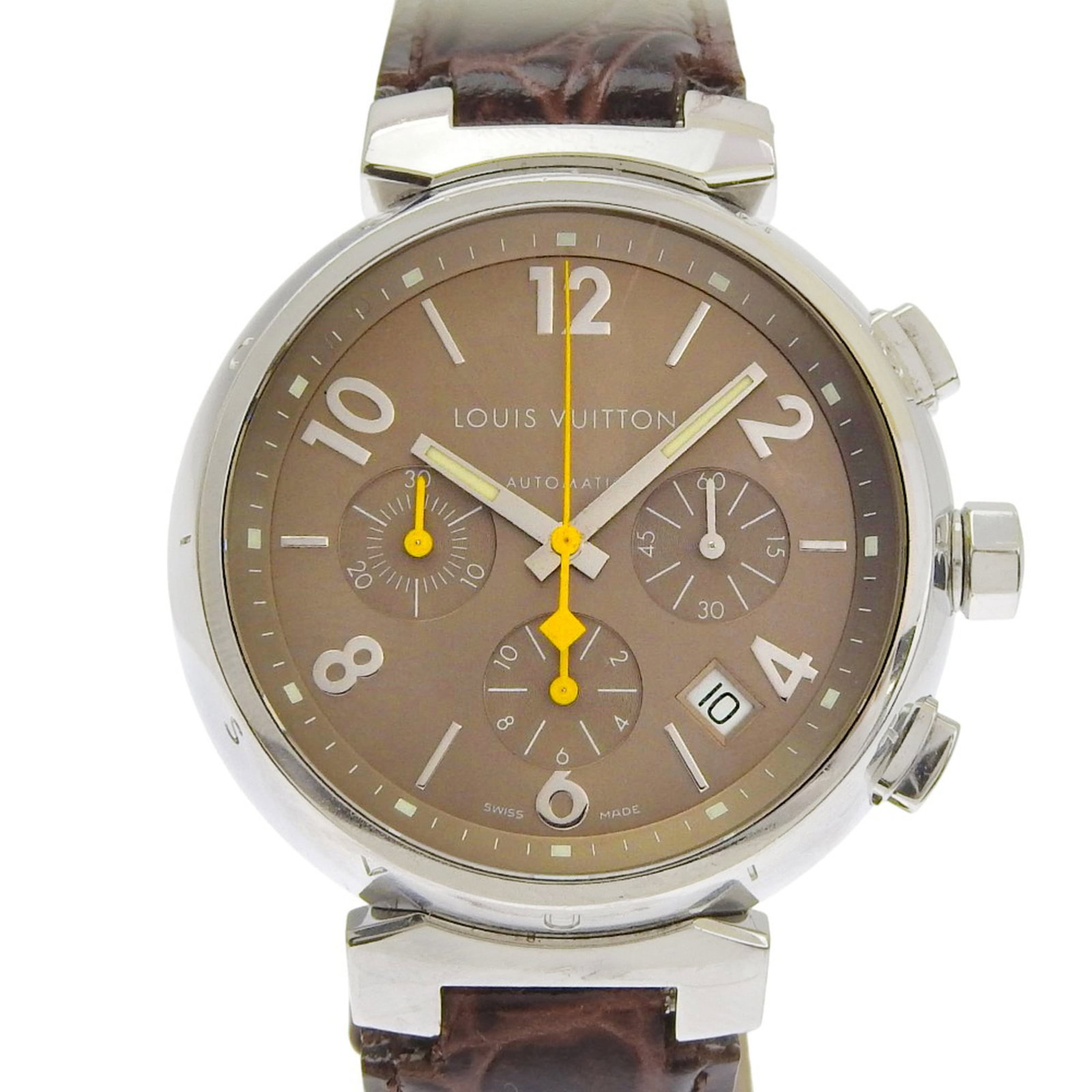 Louis Vuitton watch wrist: Louis Vuitton watch wrist Stainless steel case and leather band make this Louis Vuitton watch wrist a stylish accessory. The 41mm diameter case and brown dial give it a classic look, while the 19.5cm
