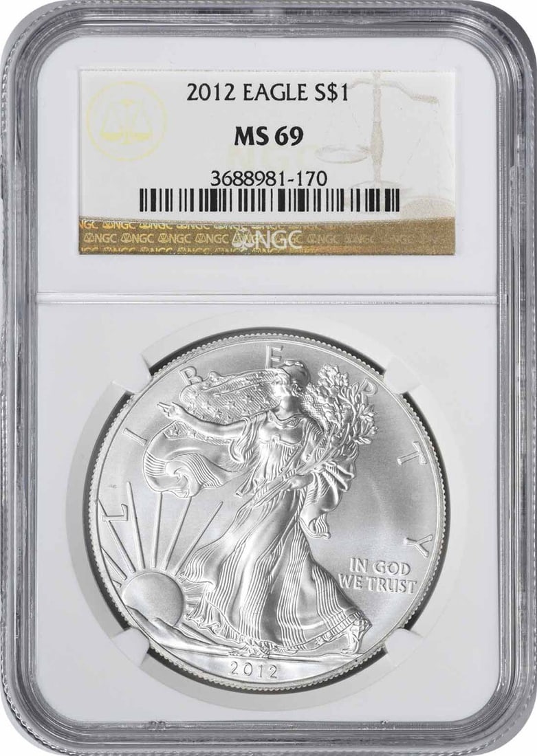 Silver Eagle Dollar MS69: Silver Eagle Dollar MS69 The 2012 Silver Eagle Dollar MS69 boasts exceptional condition, earning its high grade from the NGC. This coin's precise strike and flawless surfaces make it a standout among 
