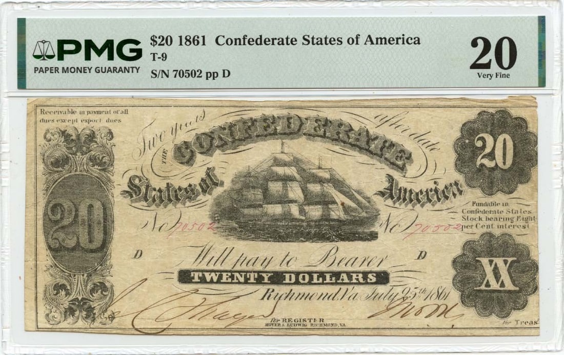 Confederate States of America T-9 $20 1861 VF20: Confederate States of America T-9 $20 1861 VF20 The Confederate States of America T-9 $20 1861 features a circulated VF20 grade, certified by PMG and bearing a notable signature. This historic note is