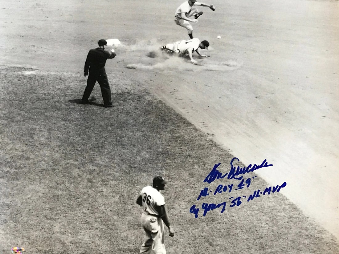 Newcombe Don Autographed Baseball 16x20 Photo: Newcombe Don Autographed Baseball 16x20 Photo Signed across the front in blue sharpie with inscription "NL ROY 49, Cy Young '56" NL NVP, this 16x20 photo of Don Newcombe features his distinctive autog