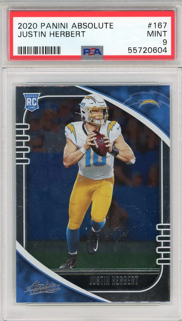 Absolute Rookie Card PSA Herbert Justin 2020: Absolute Rookie Card PSA Herbert Justin 2020 Mint 9 graded and slabbed by Professional Sports Authenticator (PSA), this 2020 Panini Absolute Rookie Card #167 card features Justin Herbert's rookie card