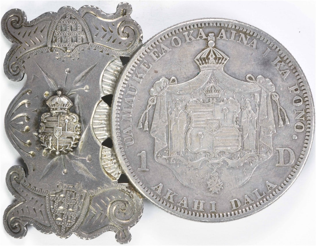 Hawaiian dollar buckle: Hawaiian dollar buckle This 1883 Hawaiian dollar features an EF grade and reeded edge, showcasing its well-preserved condition. Certified as circulated, this silver coin bears the mark of Charles E. B