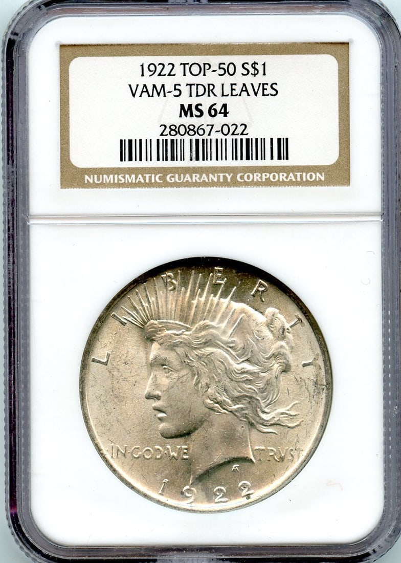 Vam 5 peace dollar top leaves tdr 50 1922 c3265 ms64 pop 6: Vam 5 peace dollar top leaves tdr 50 1922 c3265 ms64 pop 6 The Vam 5 peace dollar top leaves tdr 50 1922 C3265 MS64 Uncirculated coin boasts exceptional condition, with its NGC certification