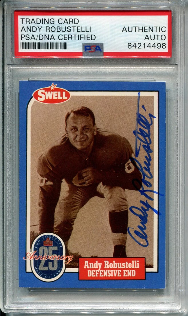 1988 PSA Autographed Card #104 by Andy Robustelli: 1988 PSA Autographed Card #104 by Andy Robustelli Item Specifics: Brand: PSA/DNA Andy Robustelli Autographed 1988 Swell Card #104 (PSA) Signed insharpie across the front of the card Autograph is authe