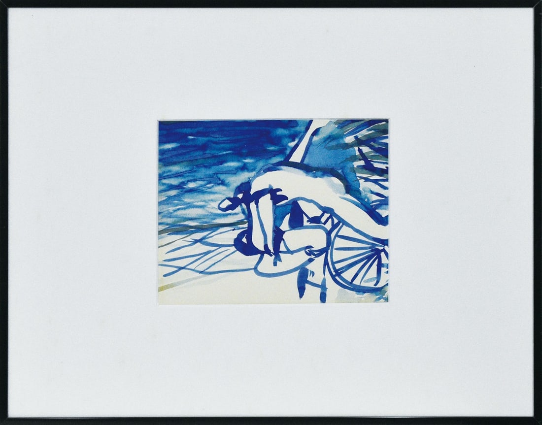 Blue Japan Paper Artwork Frame on Wheel Watercolor Shinro 44.757cm 1963: Blue Japan Paper Artwork Frame on Wheel Watercolor Shinro 44.757cm 1963 Frame features vibrant, multi-color watercolor artwork on paper by Shinro Otake, created in 1963. The piece is mounted within a 