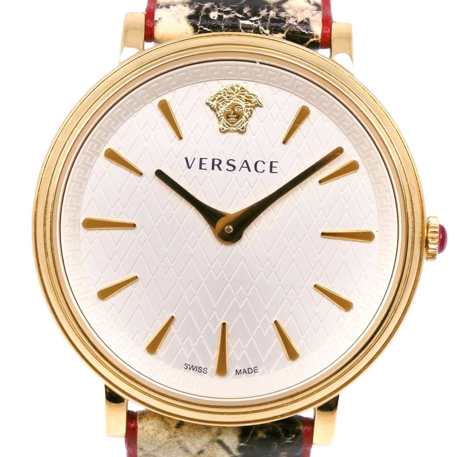 Wristwatch from Versace: Wristwatch from Versace Stainless steel case and leather band make for a sleek, sophisticated timepiece. The white dial features sapphire crystal protection, while the 38mm case diameter provides a co