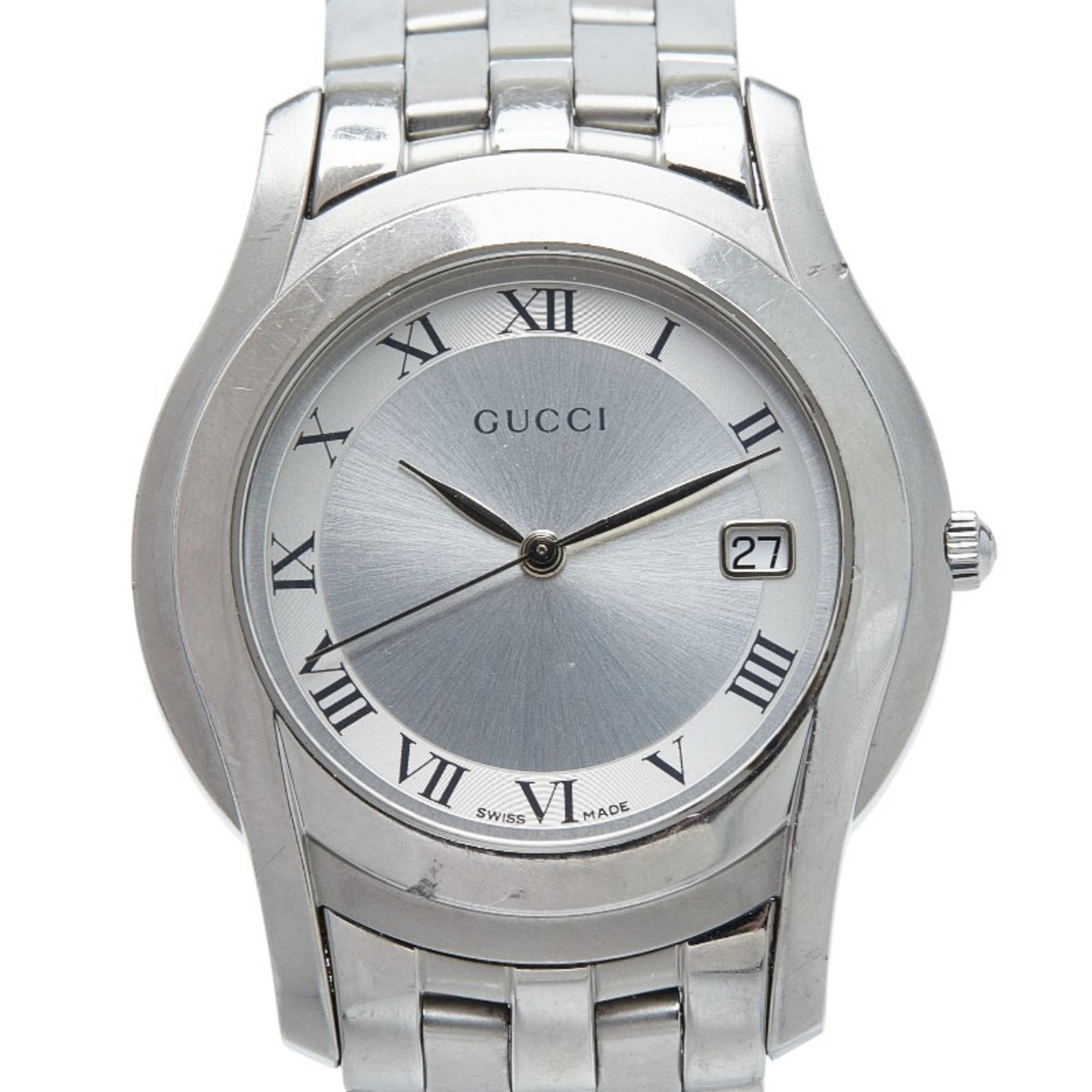 Gucci Wristwatch: Gucci Wristwatch Stainless steel case and band, the Gucci wristwatch boasts a silver dial. With its classic design and durable construction, this timepiece is suitable for everyday wear. The watch fea