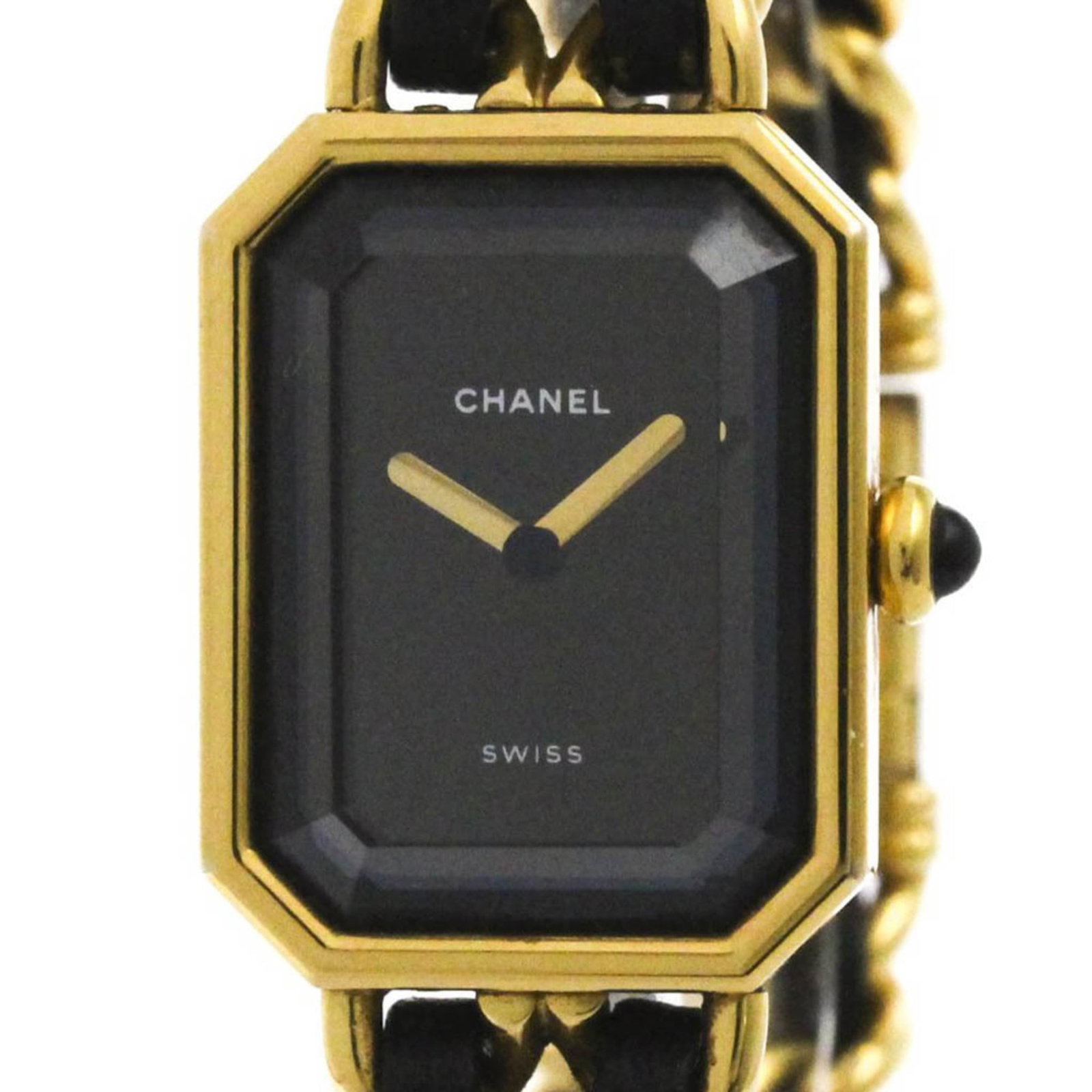 Wristwatch by Chanel: Wristwatch by Chanel Gold plated, leather-strapped Chanel wristwatch with a black dial and 20mm case diameter. This dress/formal timepiece bears the signature of the renowned fashion house on its gold