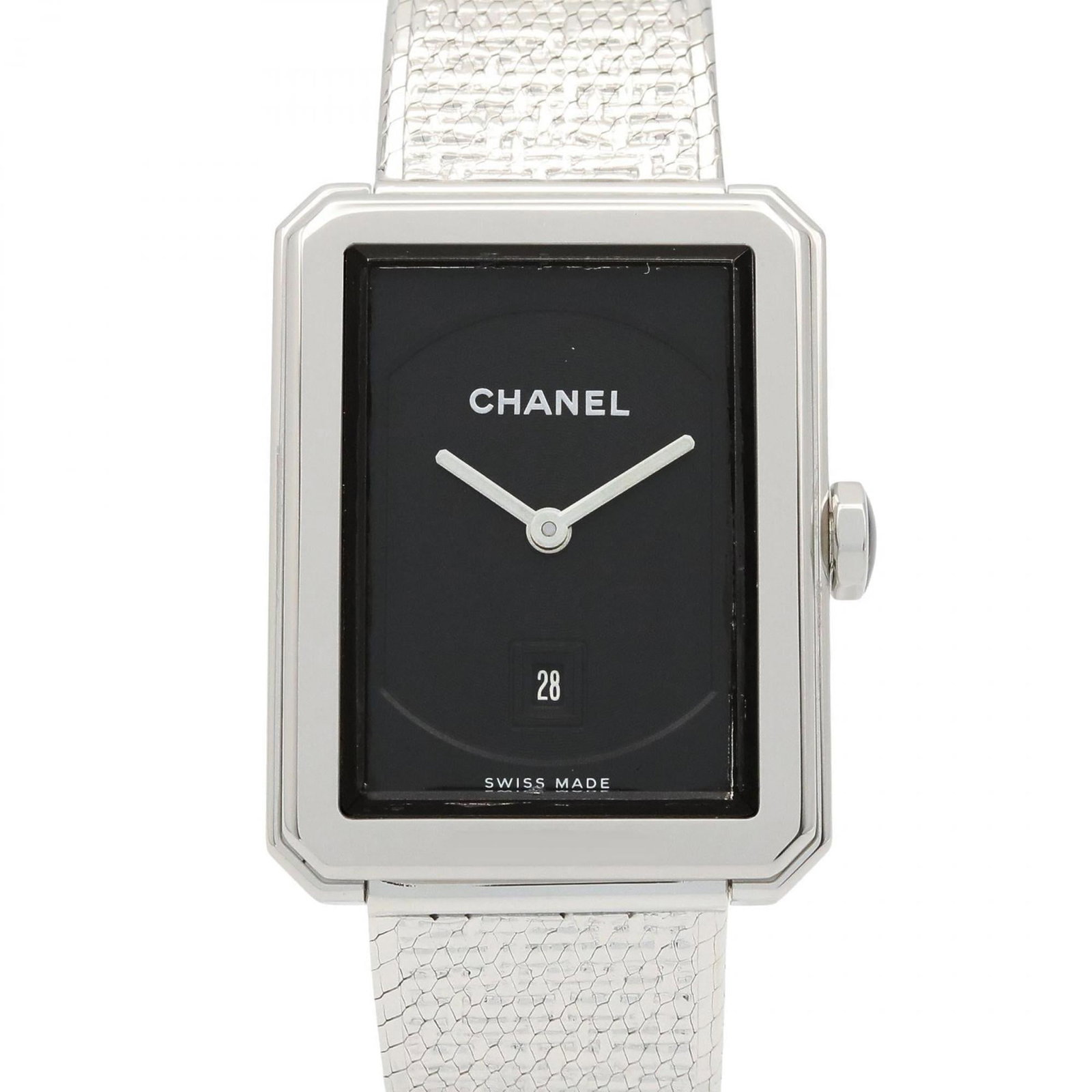 Wristwatch by Chanel: Wristwatch by Chanel Stainless steel case and band add a sleek touch to this black Chanel wristwatch, measuring 26.5mm in diameter and designed to fit wrists up to 16cm in size. The watch bears some m
