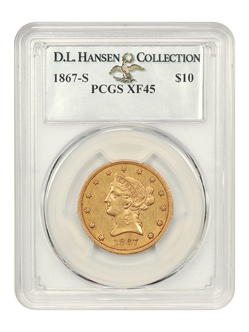 $10 PCGS 1867-S XF45 ex D.L. Hansen: $10 PCGS 1867-S XF45 ex D.L. Hansen PCGS 1867-S XF45 ex D.L. Hansen, a circulated $10 gold coin from the San Francisco Mint, boasts a striking XF45 grade and bears the signature of renowned numismatis