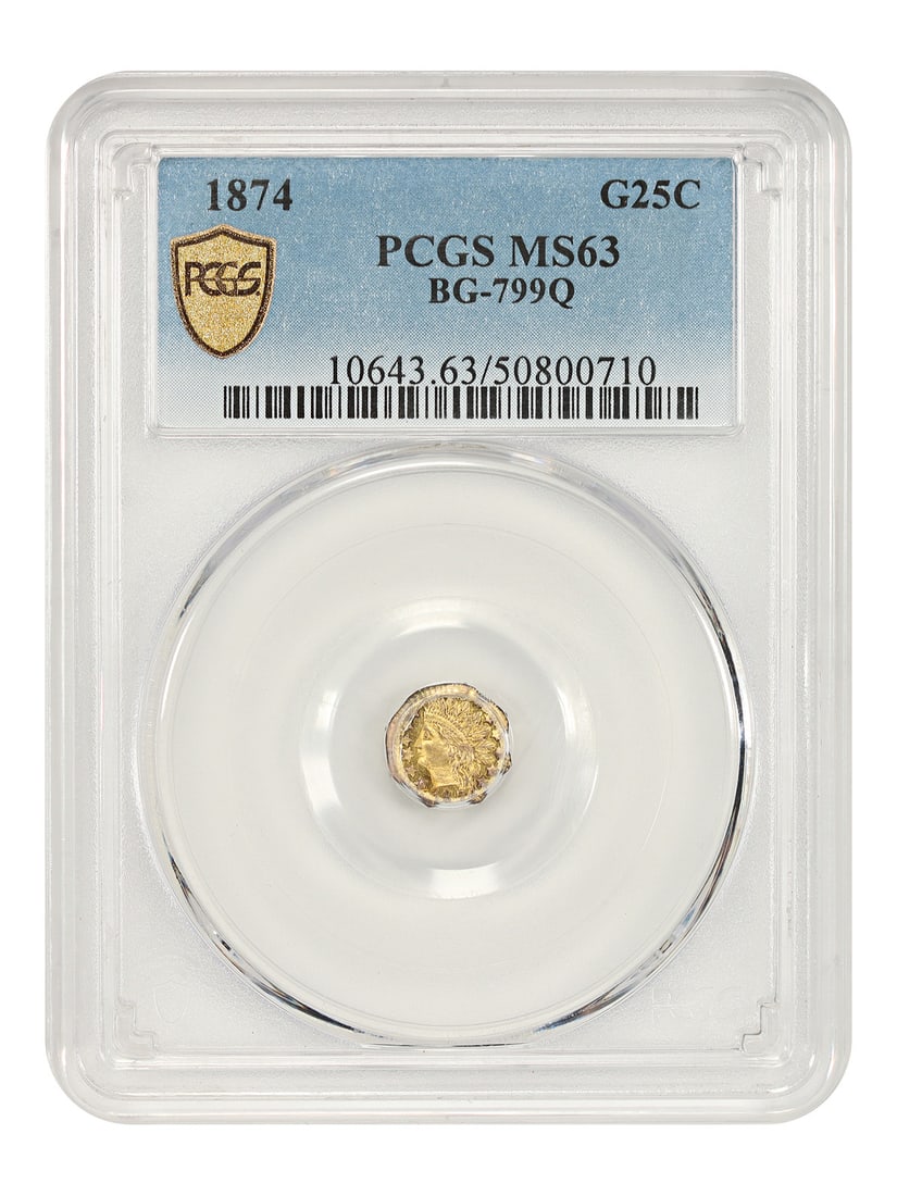 Fractional gold from 1874 at cal 25c pcgs ms63 bg-799q: Fractional gold from 1874 at cal 25c pcgs ms63 bg-799q PCGS MS63, this 1874 $0.25 gold coin features a striking mint state condition and boasts a notable grade from the prestigious Professional Coin G