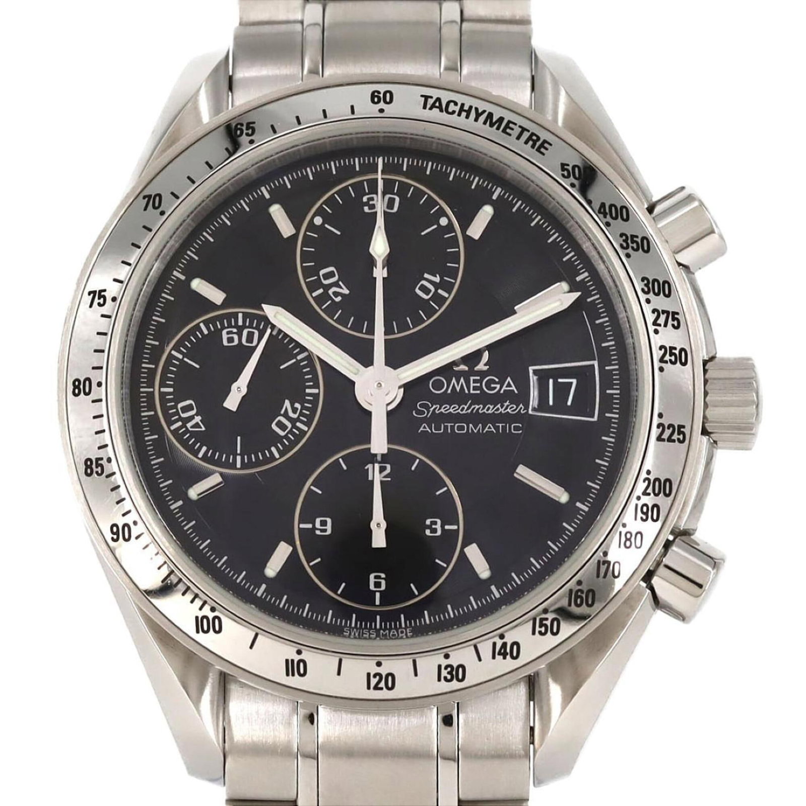 Omega Wristwatch: Omega Wristwatch Stainless steel case and band add a touch of durability to this Omega wristwatch, measuring 39mm in diameter. A few traces of usage are visible on the black dial, with some scratches 